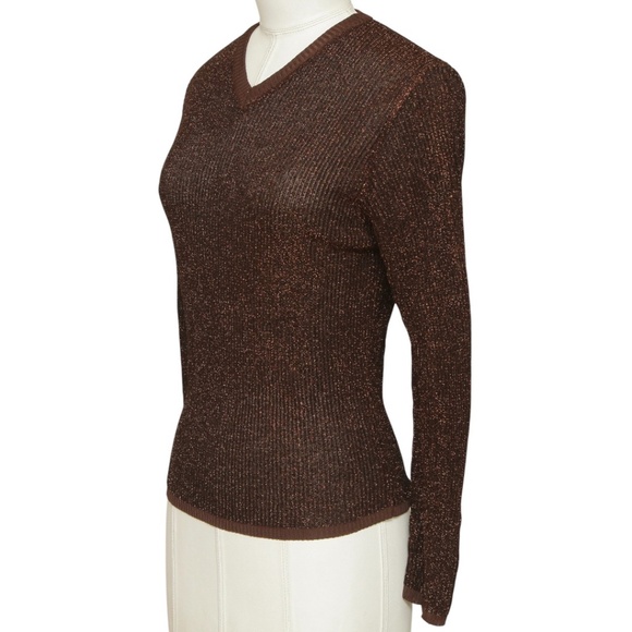 ROMANOFF Brown Sweater Knit Top Metallic V-Neck Long Sleeve Viscose XS VINTAGE - Picture 3 of 7